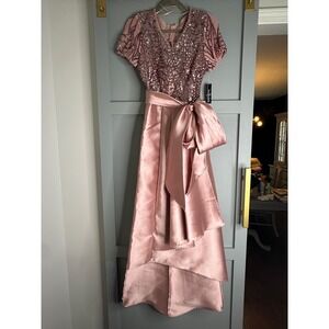 R&M Richards Rose Gold Sequin High-Low Gown with Satin Bow Waist Formal Dress